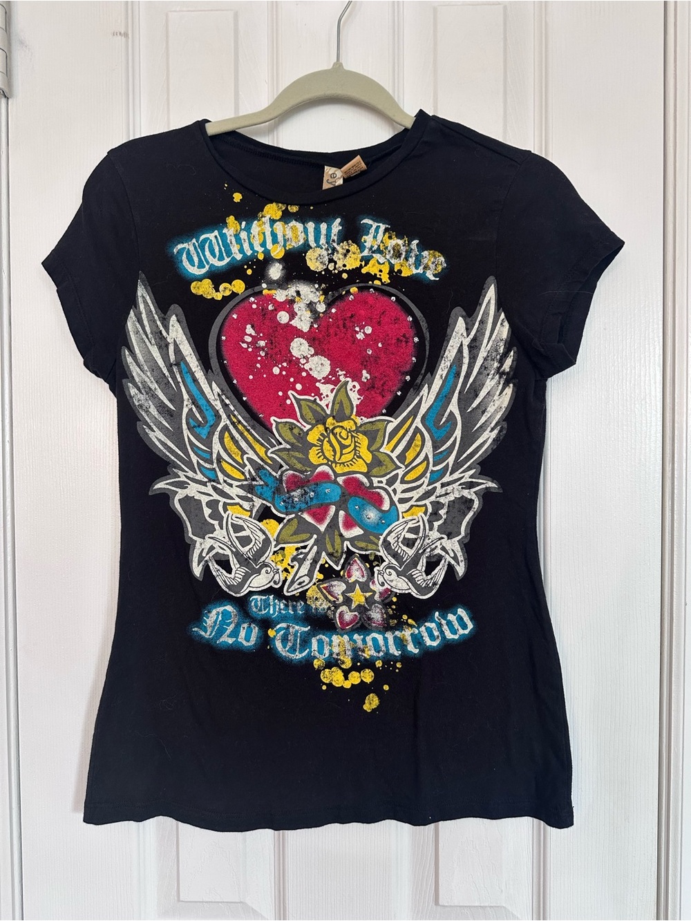 Eyeshadow Black Tee with Pink Heart and Multicolor Wing Graphic